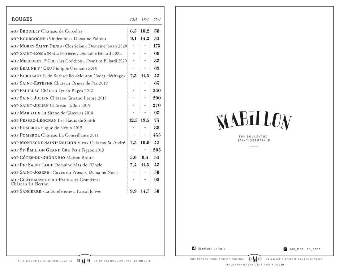 Menu de Le Mabillon - Paris