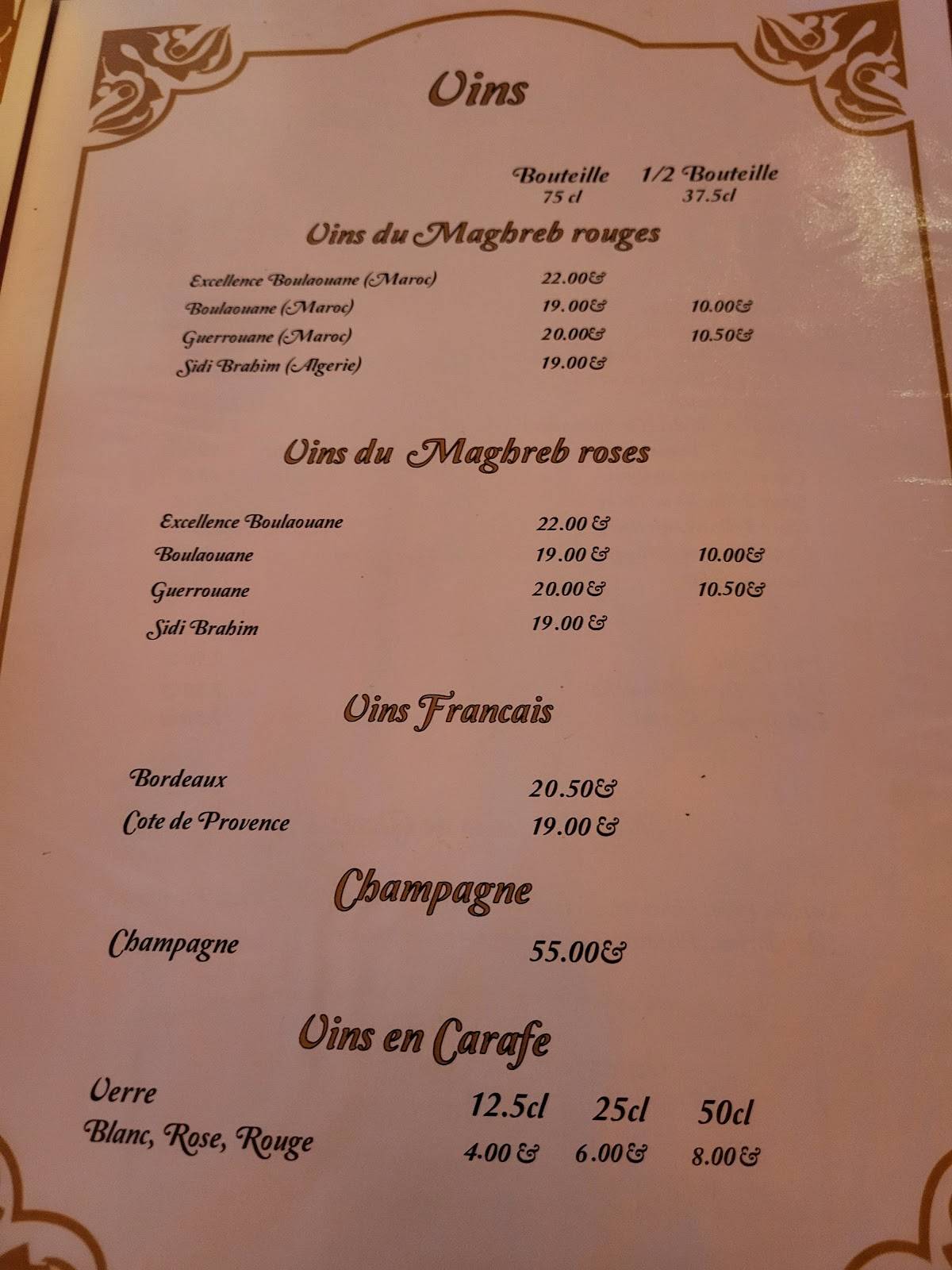 Menu de Le Marrakech