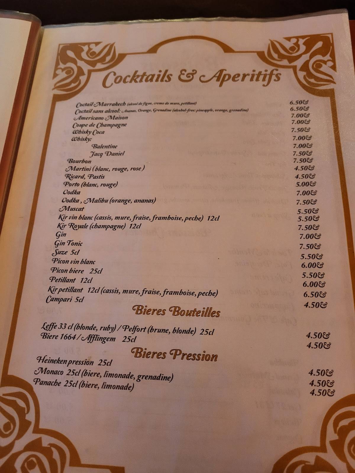 Menu de Le Marrakech