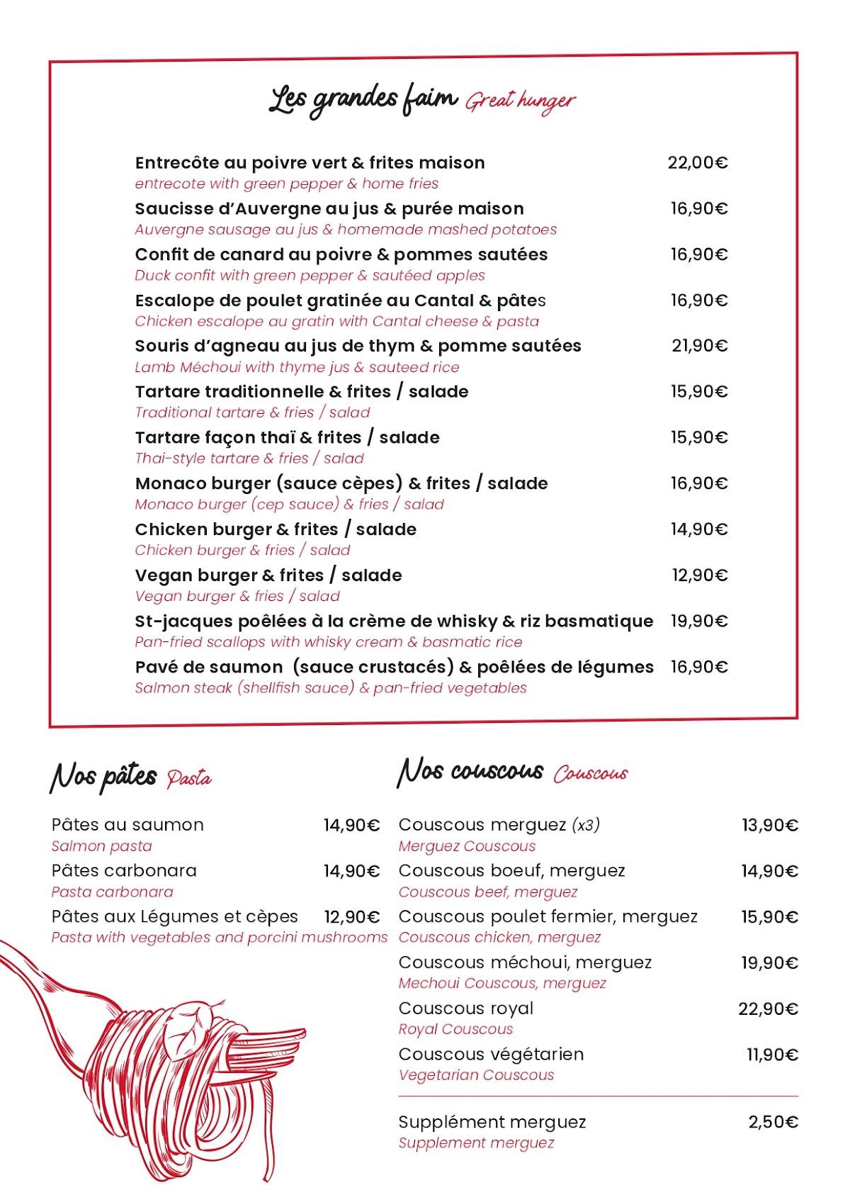 Menu de Le Monaco