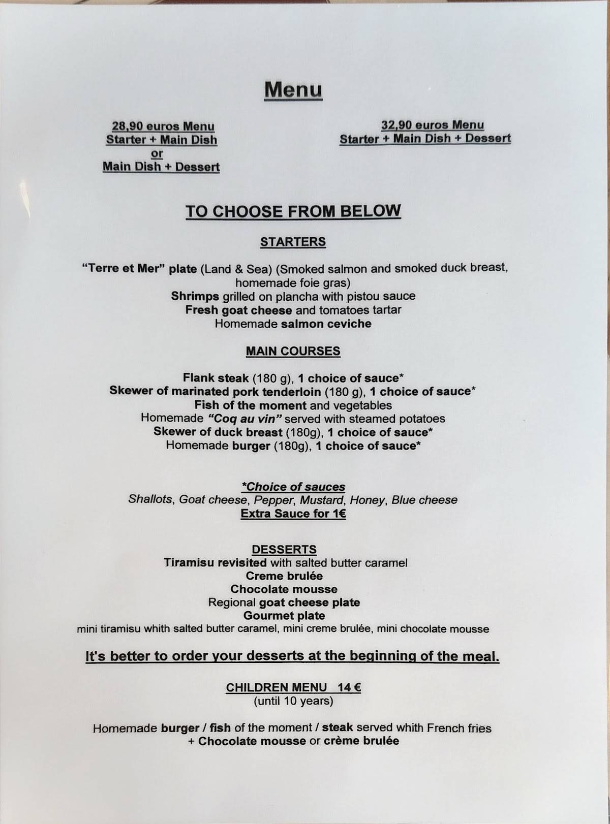 Menu de Le Parvis