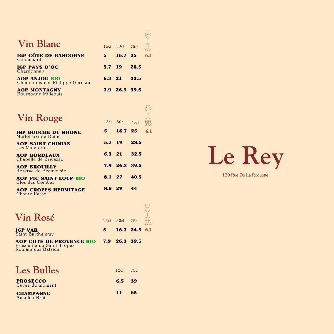 Menu de Le Rey - Restaurant Paris 11