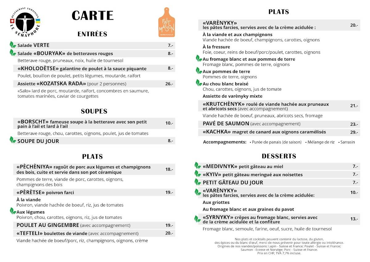Menu di Le Sémaphore 