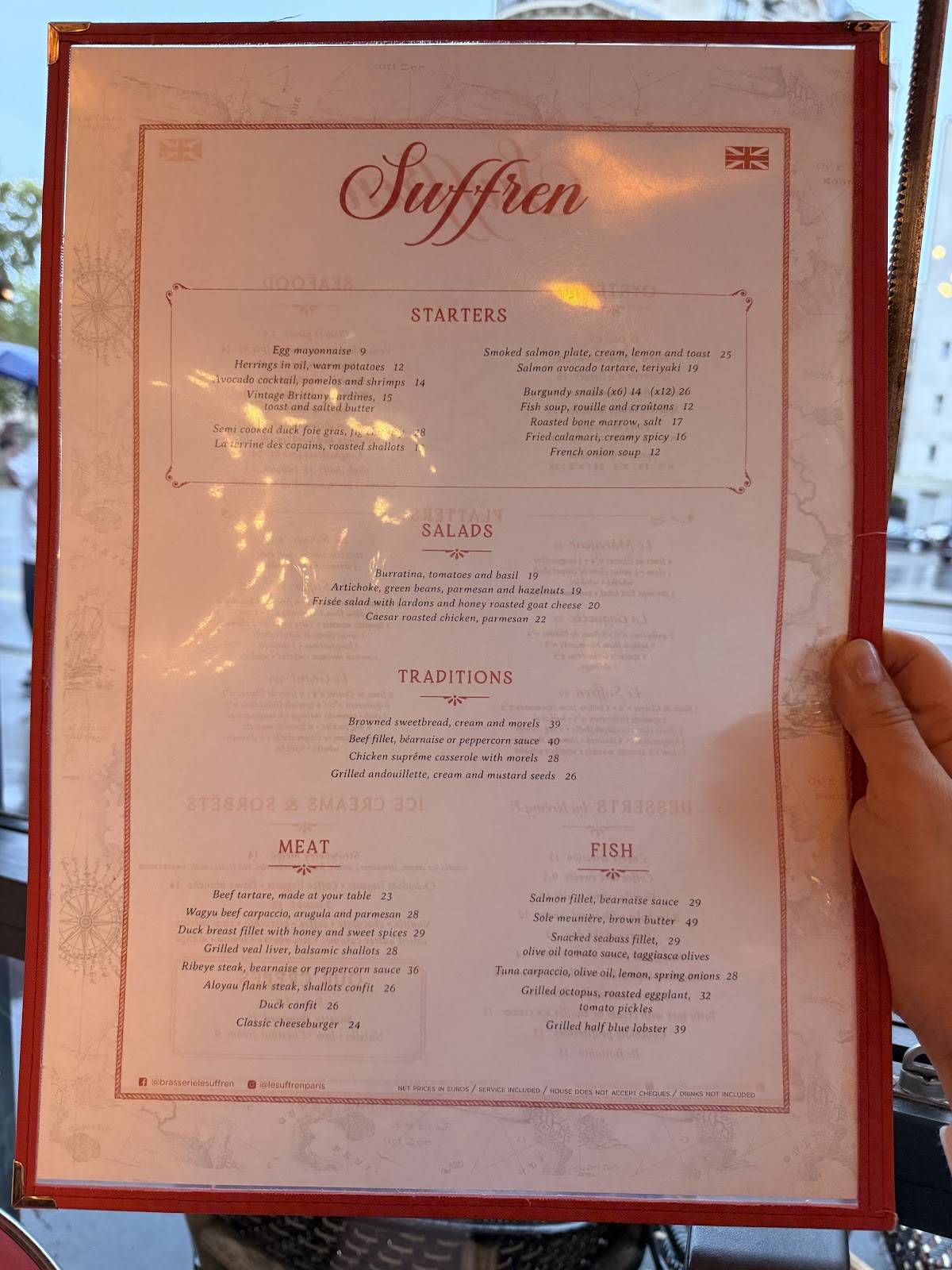 Menu de Le Suffren - Paris