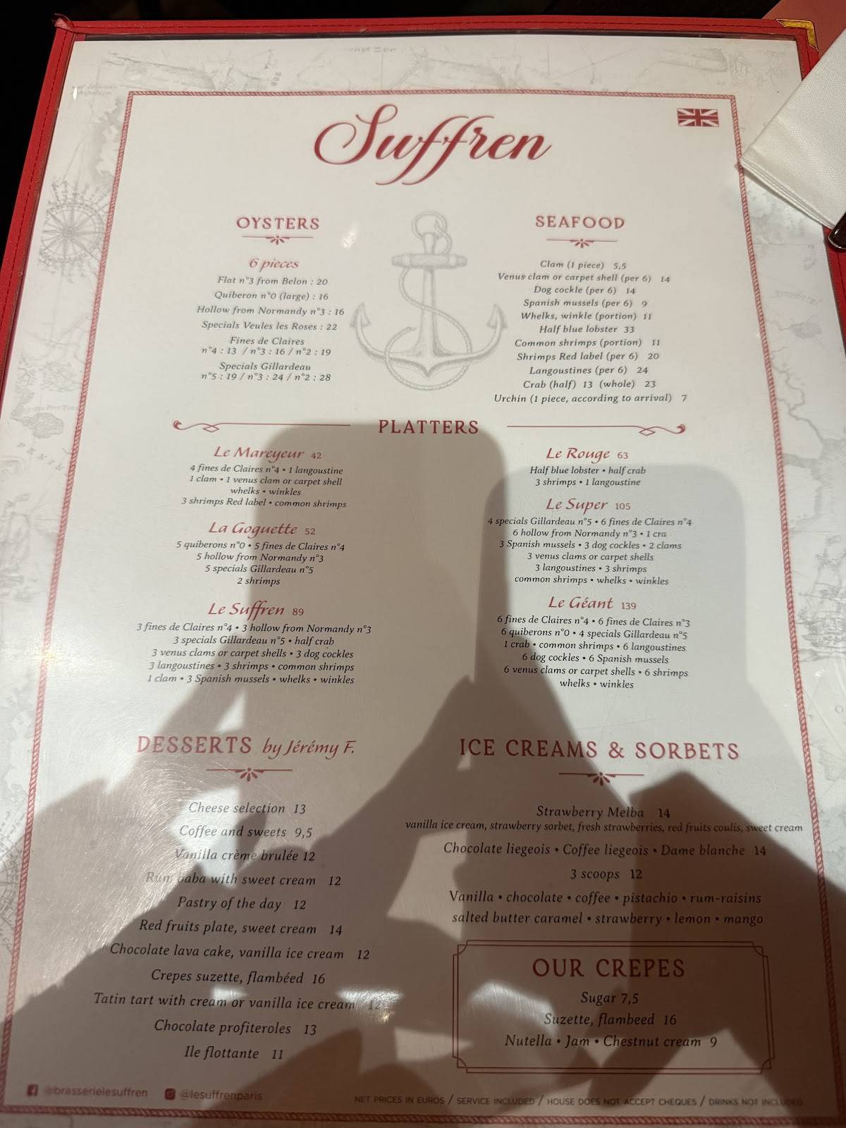 Menu de Le Suffren - Paris