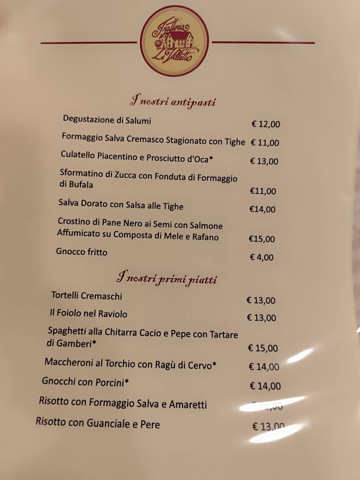 Menu di Le Villette 
