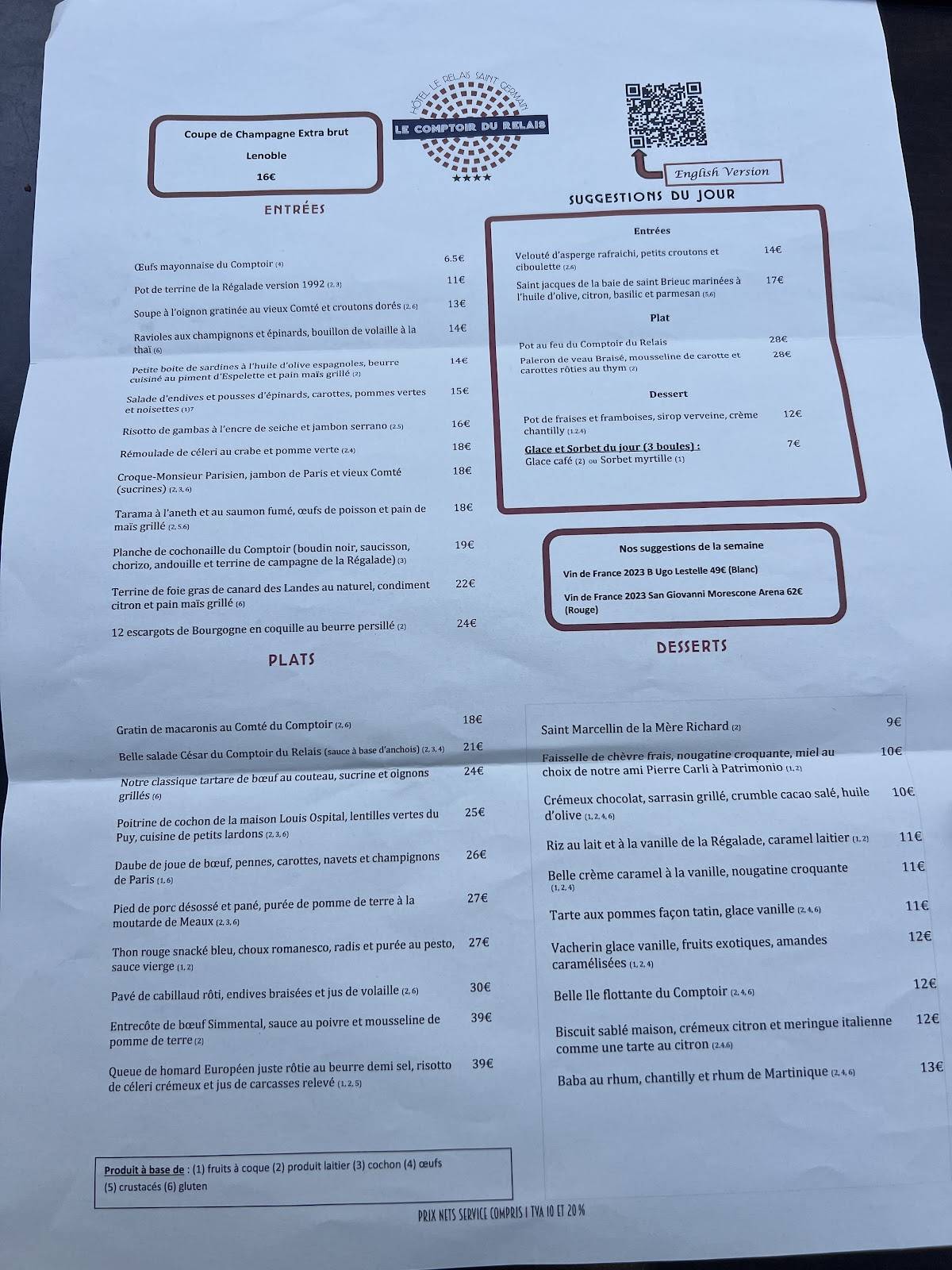 Menu de Le comptoir du Relais