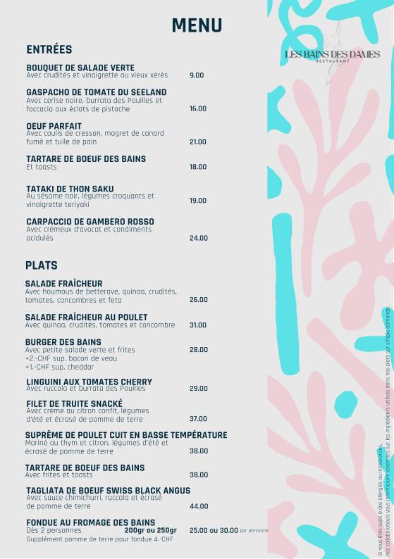 Menu di Les Bains des Dames 