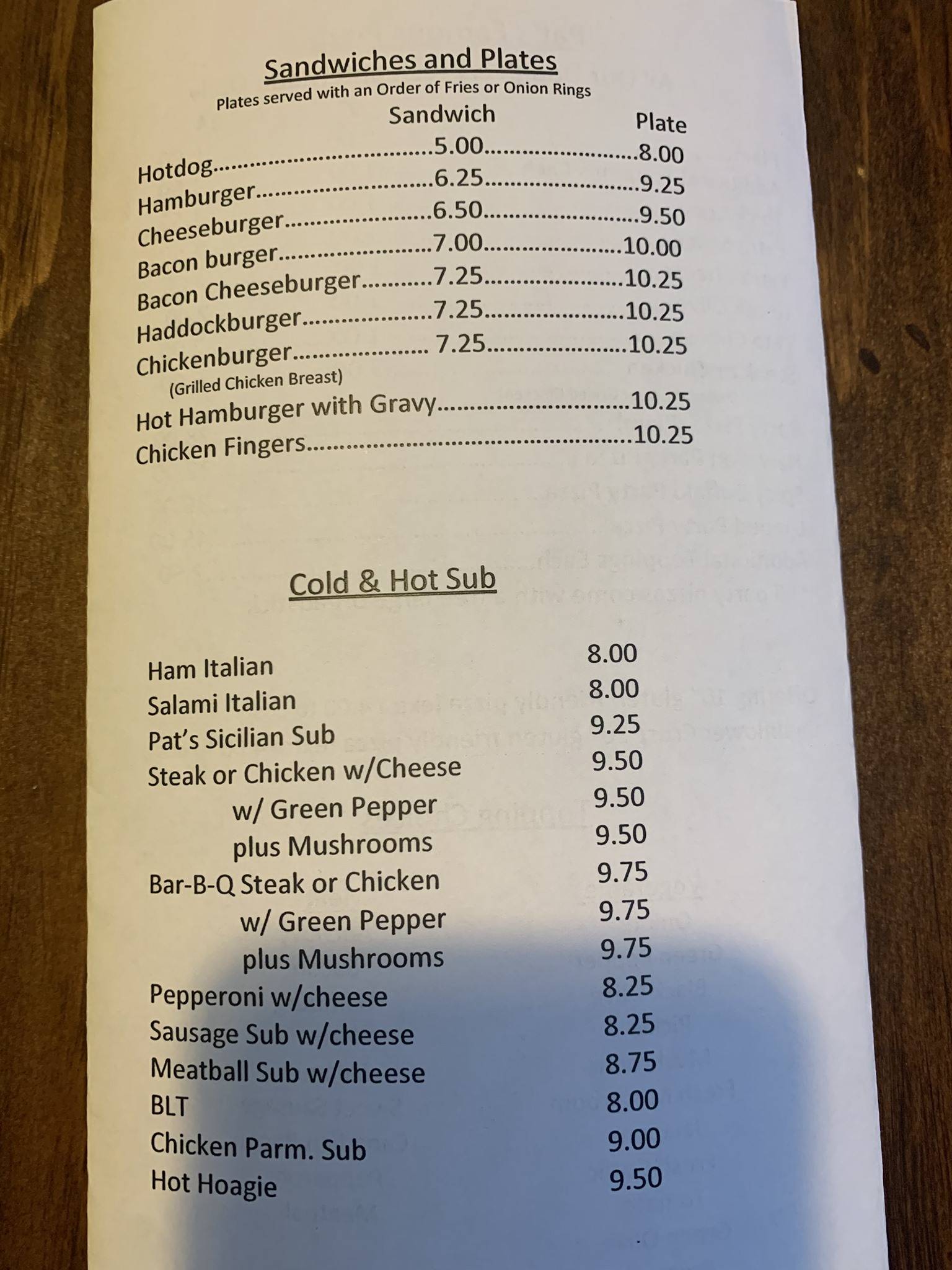Menu at Pat's Pizza pizzeria, Lincoln