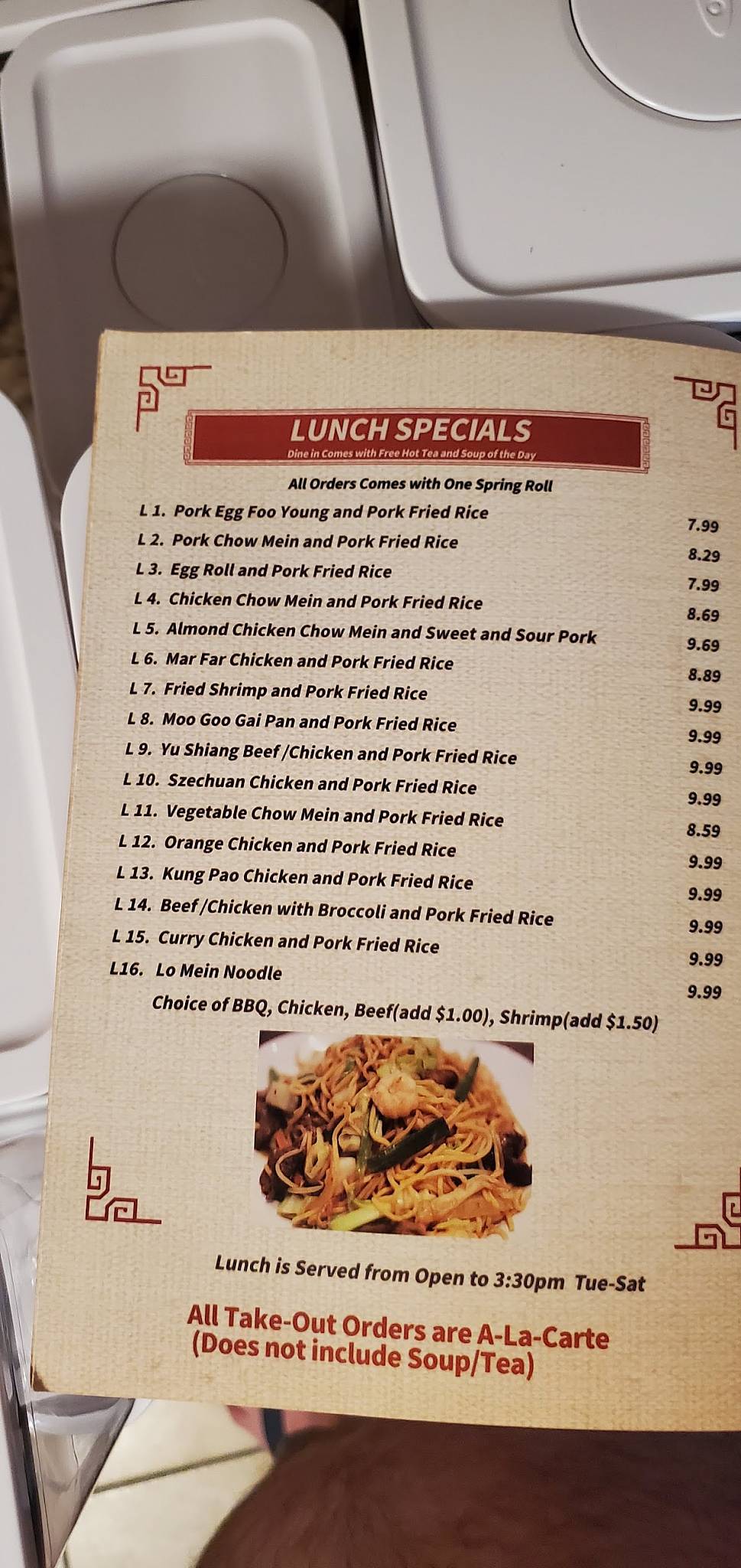 Menu at Ling's restaurant, White City
