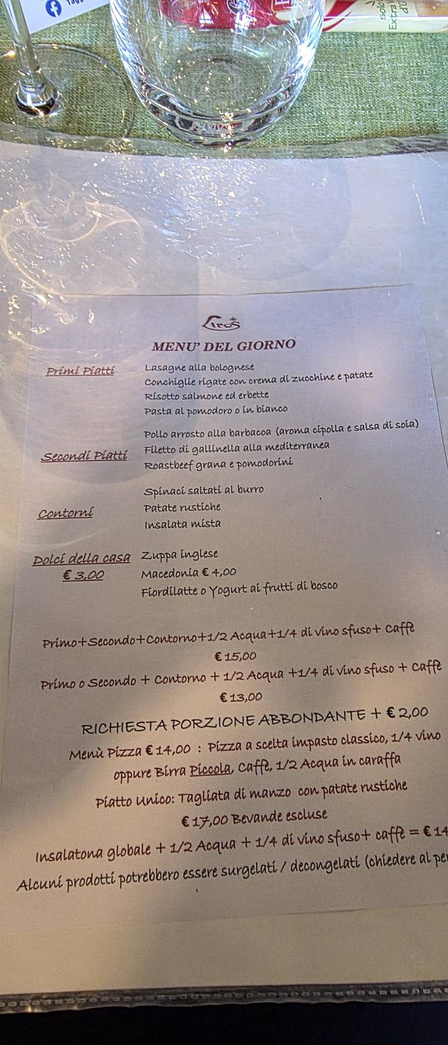 Menu di Liros Ristorante - Specialità Di Carne E Pesce Pizzeria Eventi E Cerimonie 