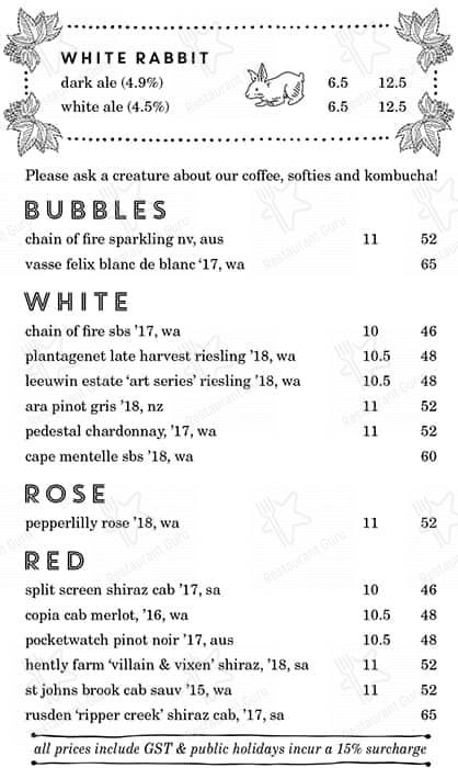 Little Creatures Brewery, Fremantle menu