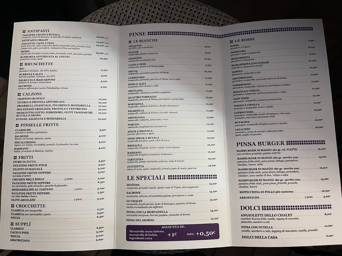 Menu di Lo Chalet Della Pinsa 