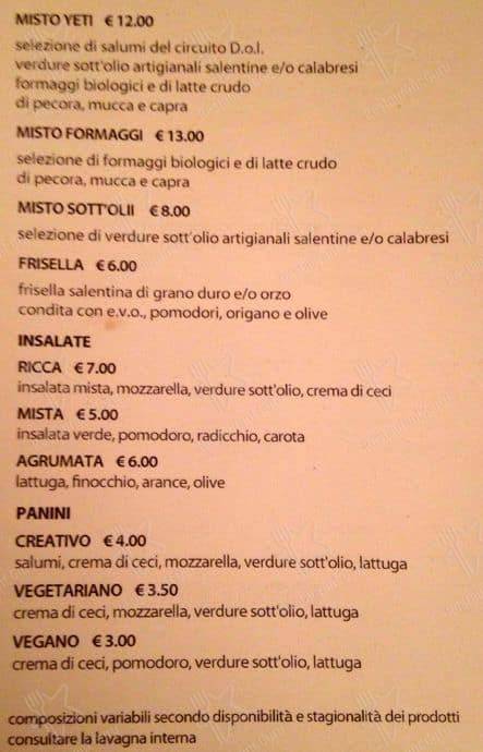 Menu di Lo Yeti 