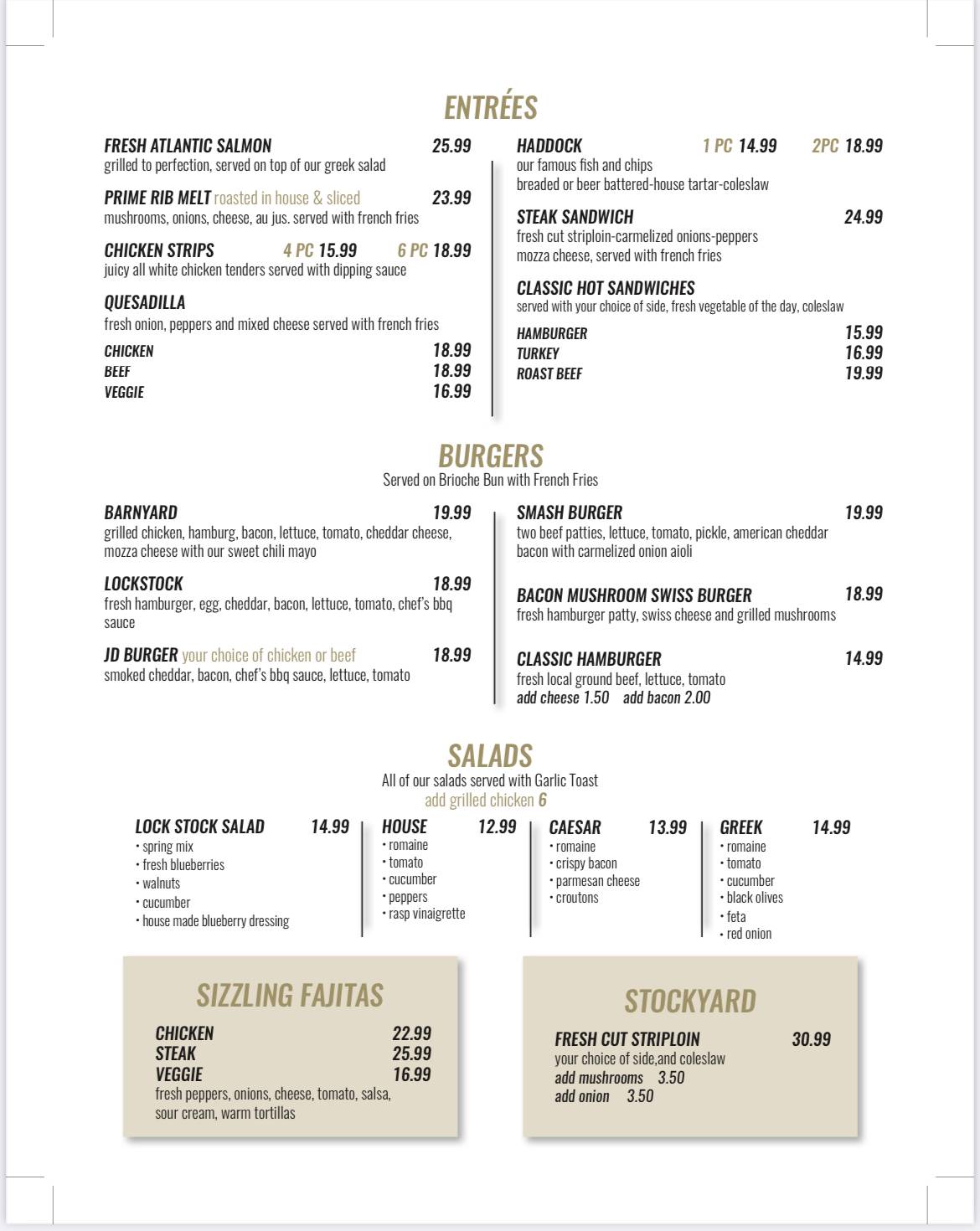 Menu at Lock Stock and Barrels, Saint John