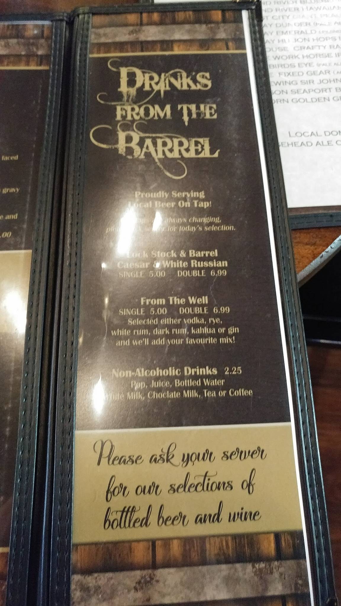 Menu at Lock Stock and Barrels, Saint John