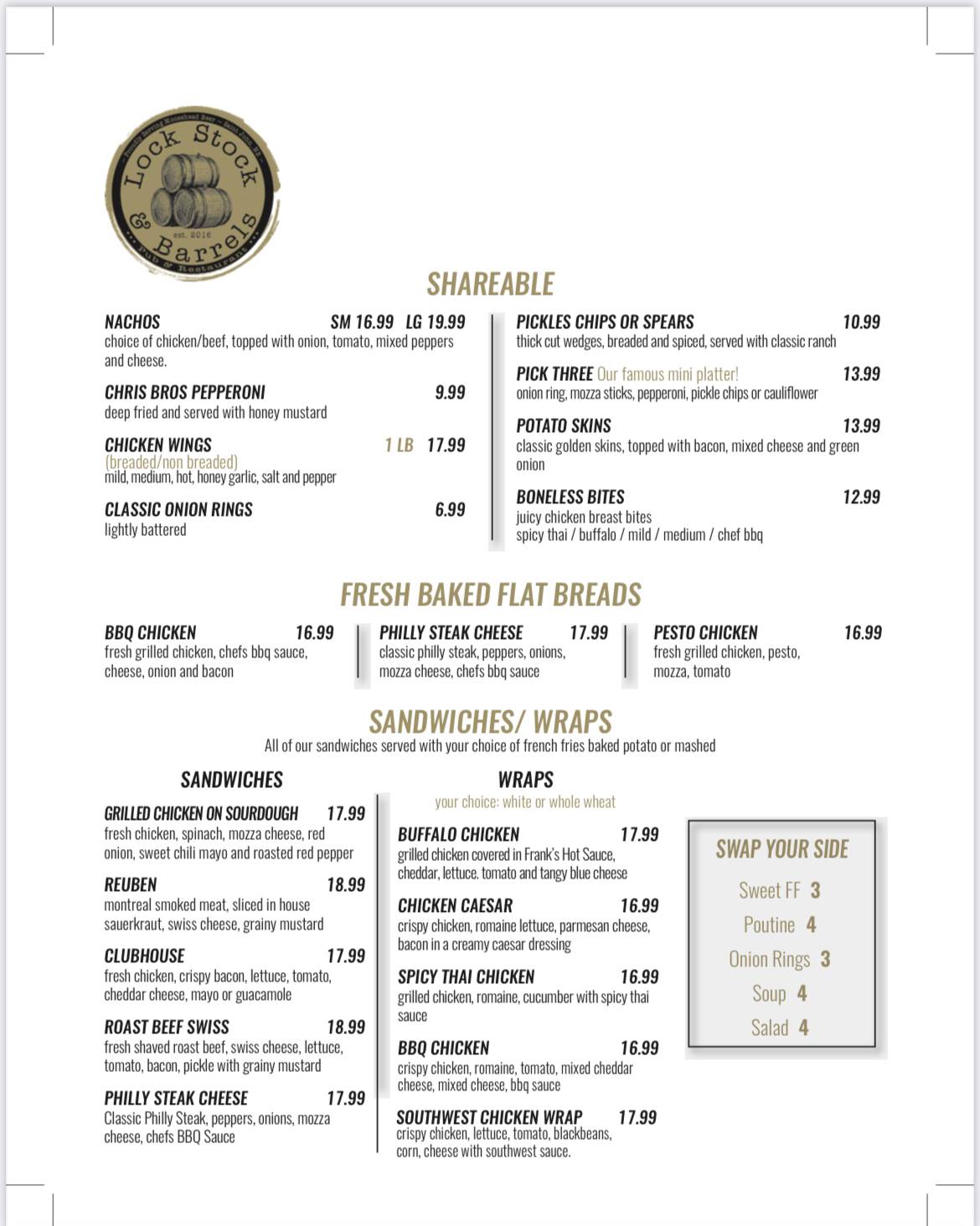 Menu at Lock Stock and Barrels, Saint John