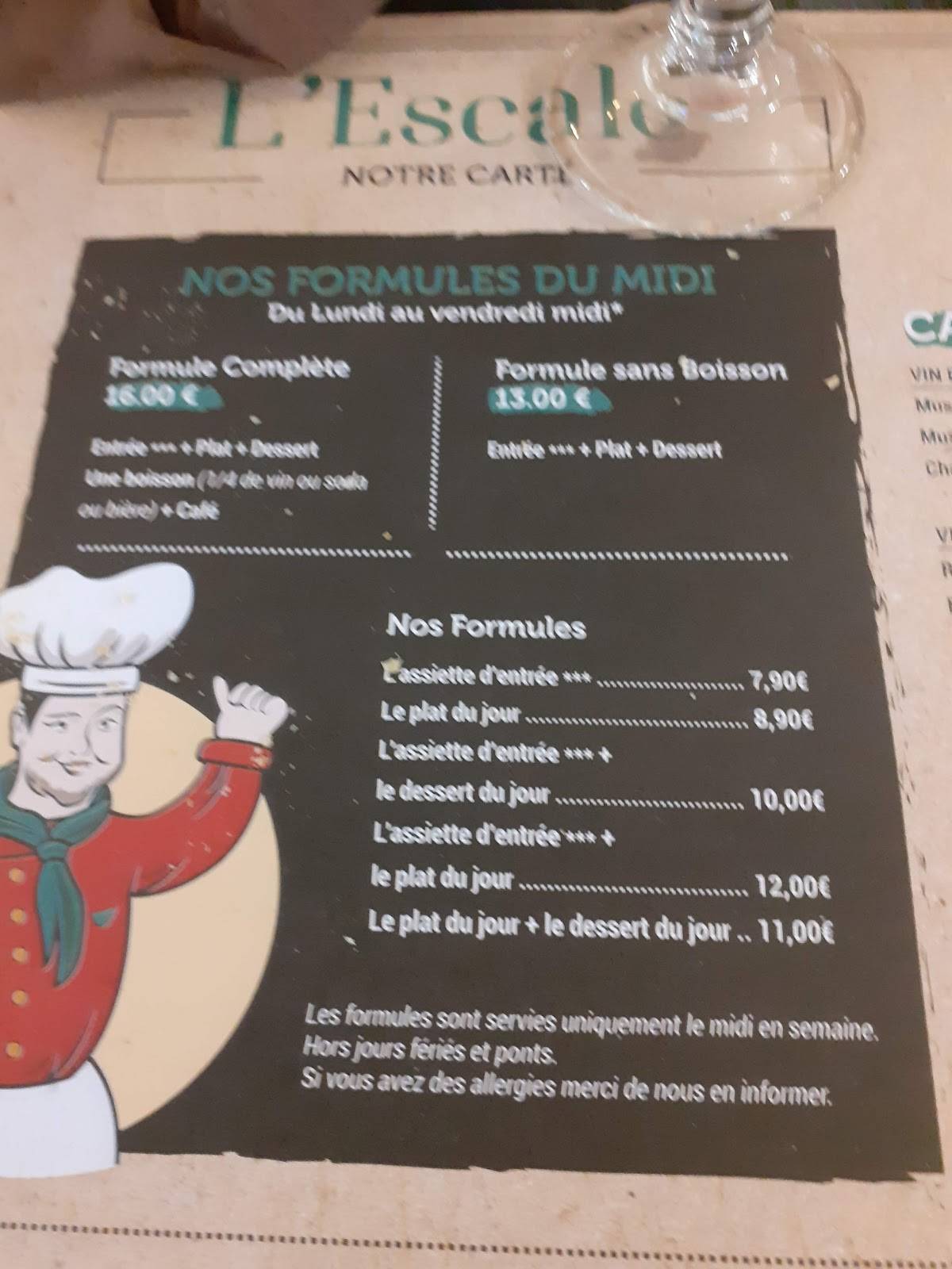 Menu de Logis Hôtel Restaurant L'Escale