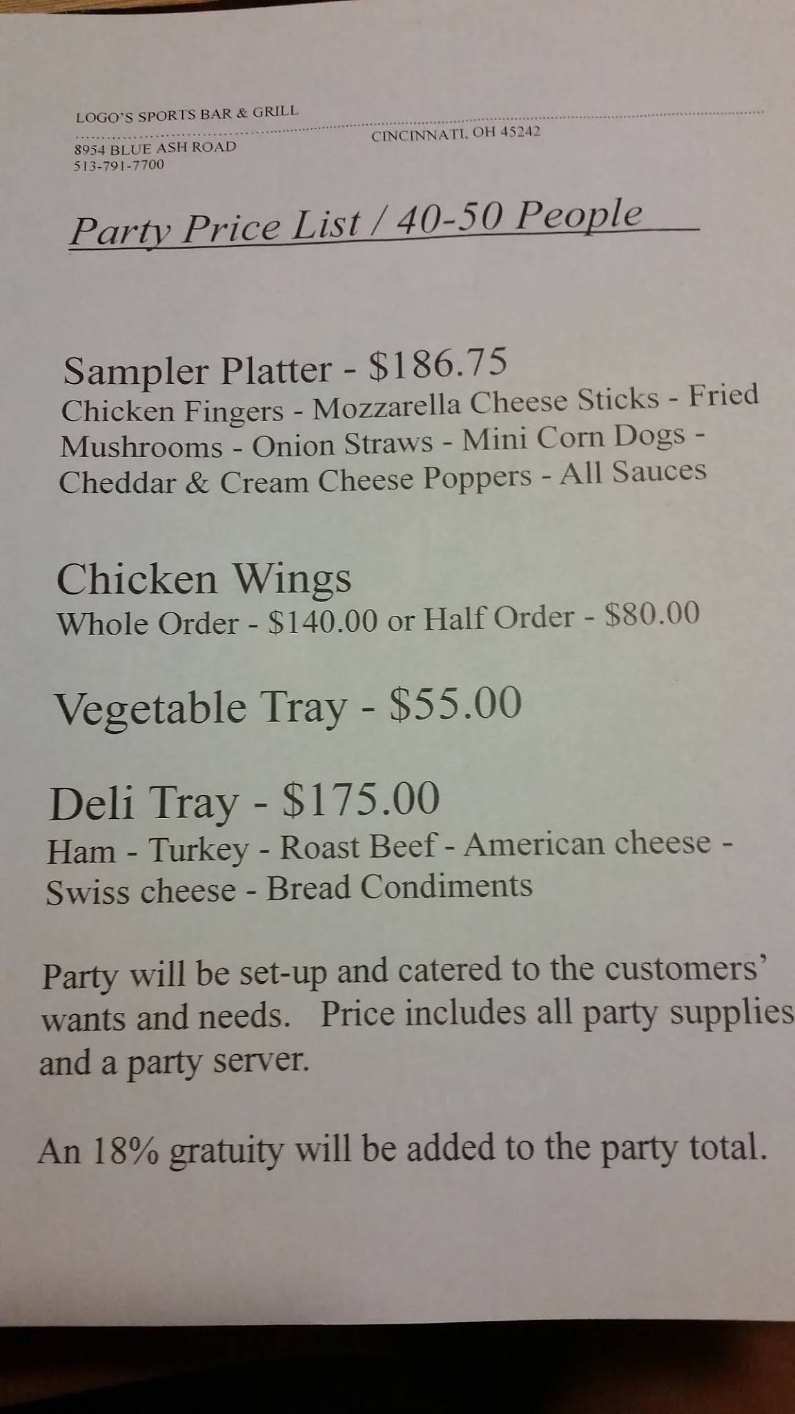 Menu at Logo's Sports Bar & Grill, Cincinnati