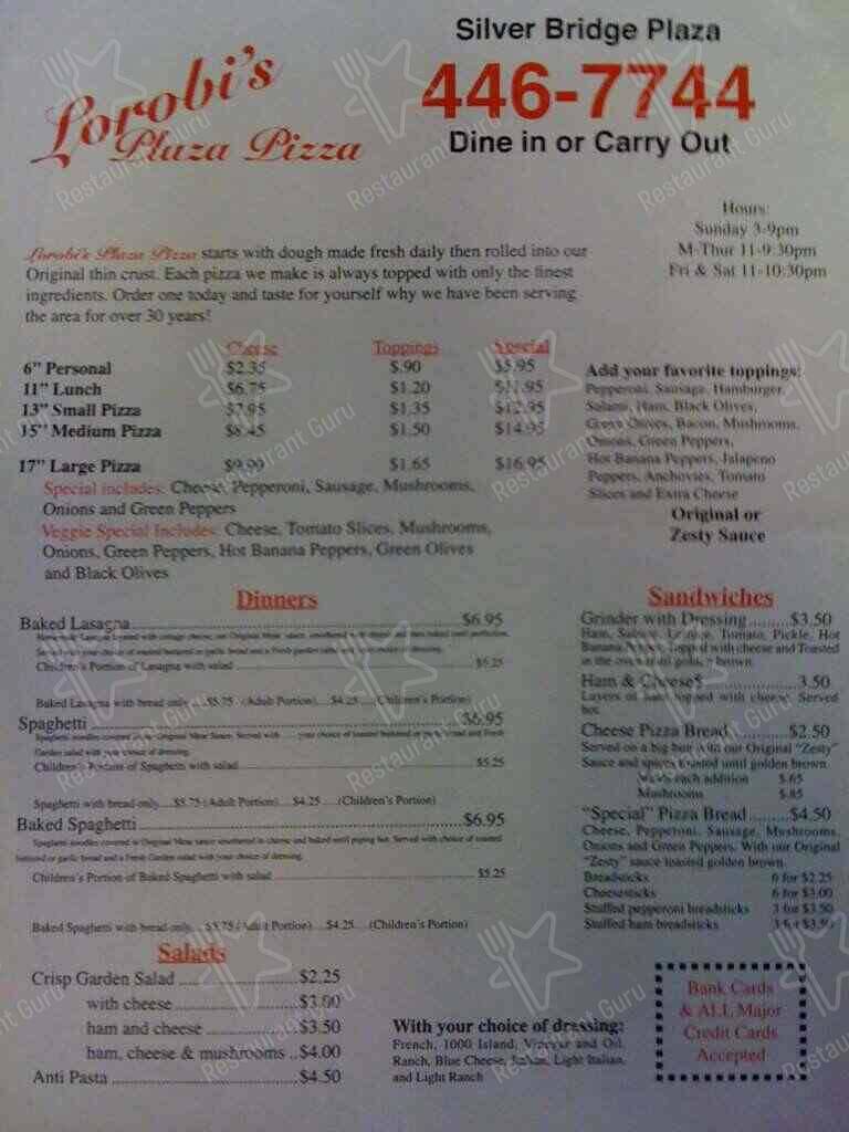 Lorobi's pizza menu