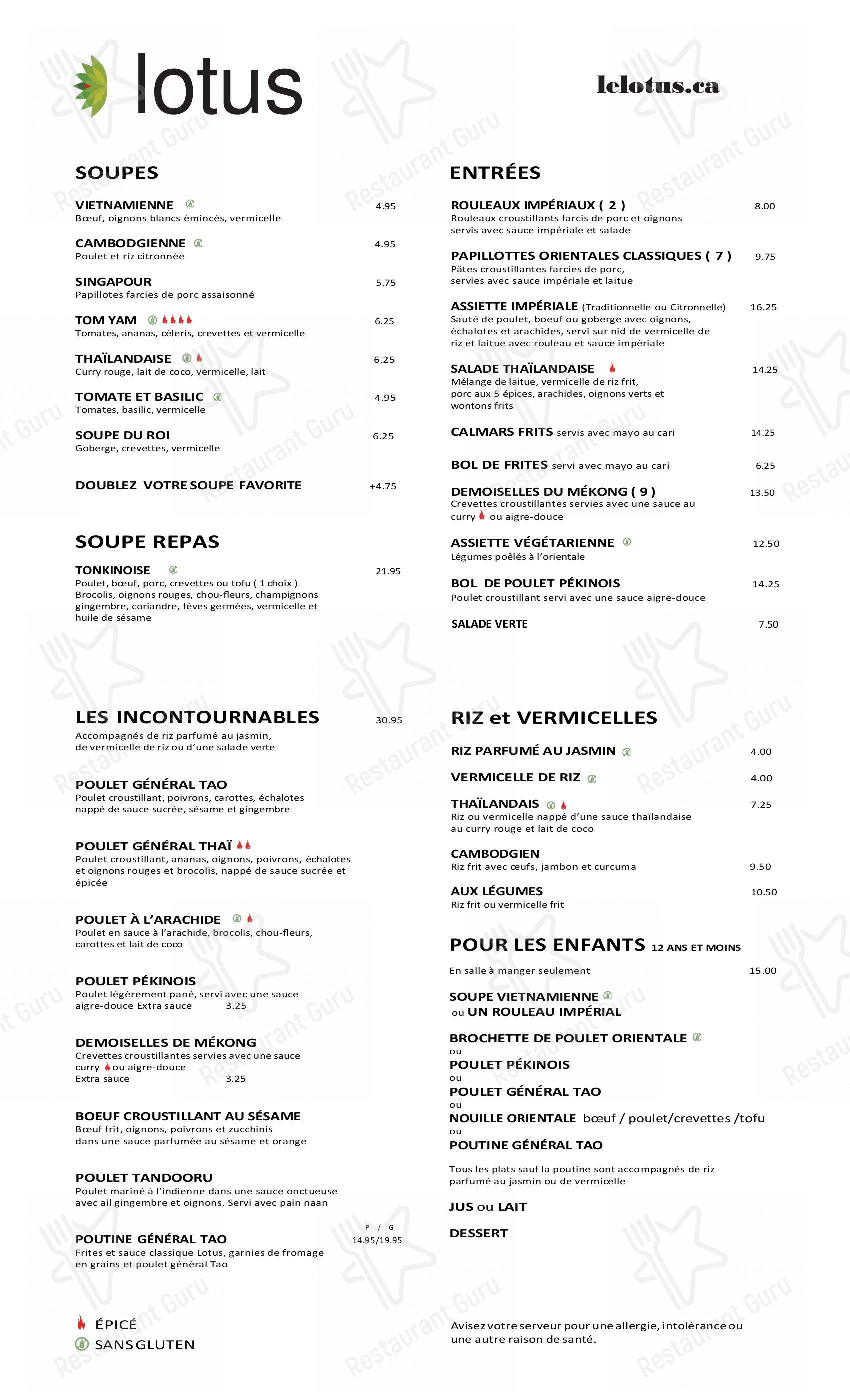 Menu pour Restaurant Le Lotus - Menu