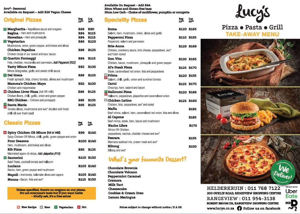 Menu de Lucys Pizza Pasta Grill