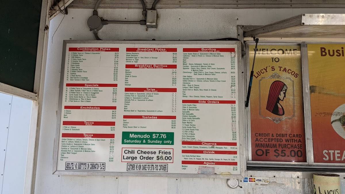 Menu at Lucy's Tacos restaurant, La Junta