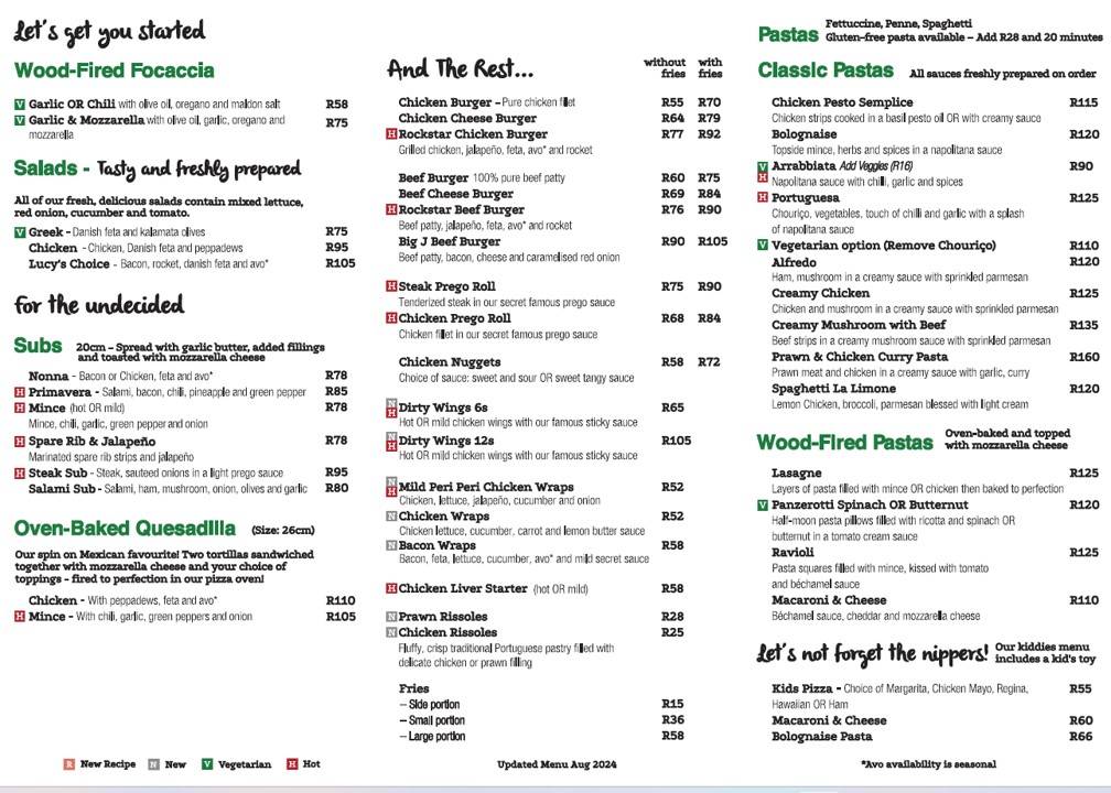 Menu de Lucys Pizza Pasta Grill