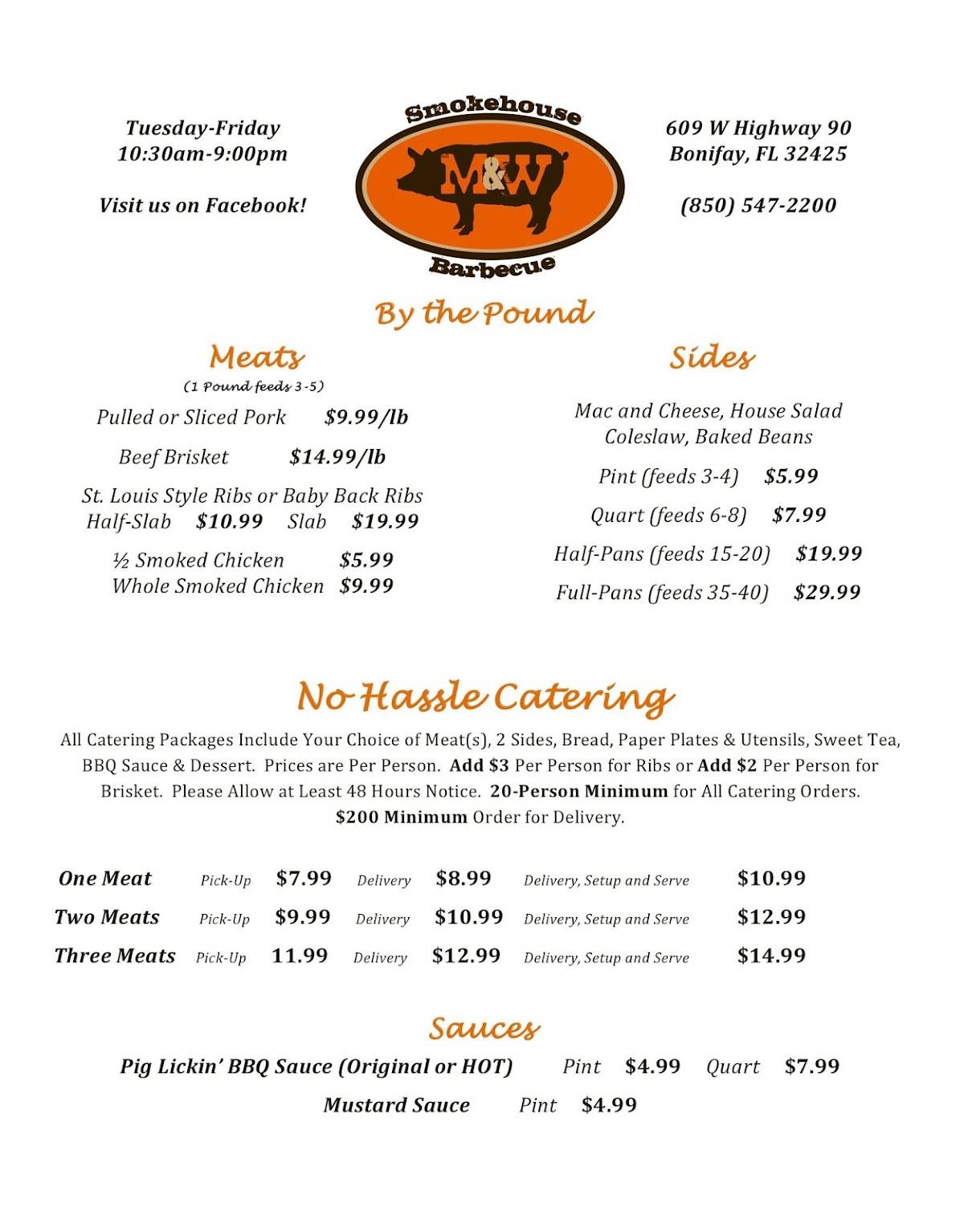 Menu at M & W Smokehouse Barbecue, Bonifay, West