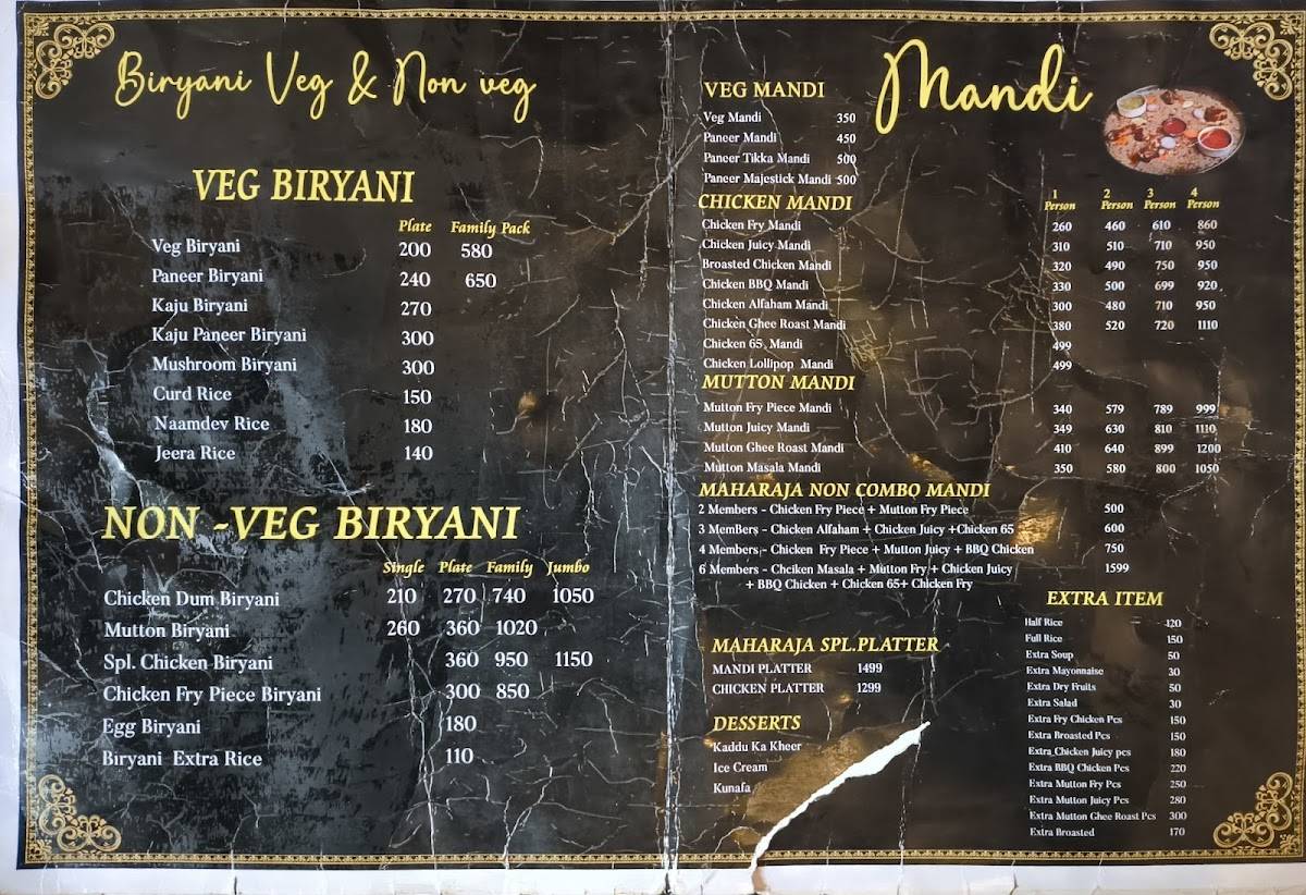 MAHARAJA FAMILY RESTAURANT AND MANDI menu
