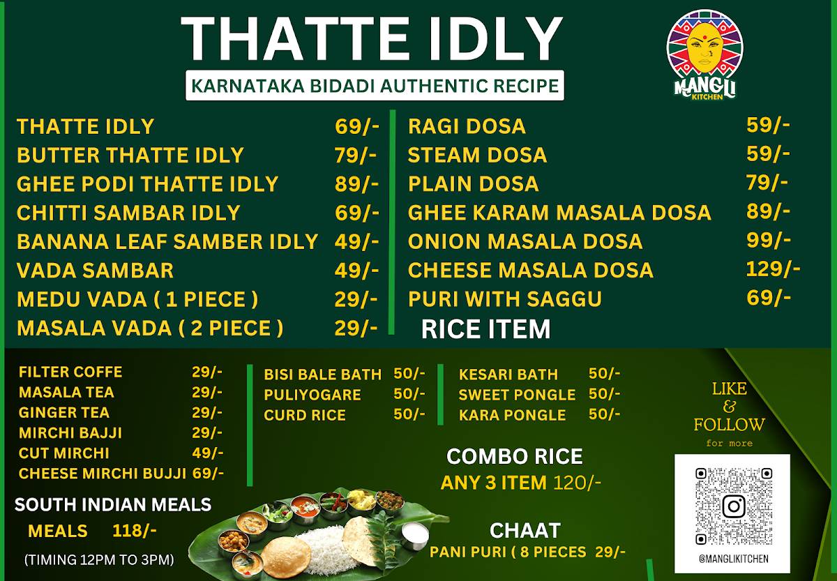 MANGLI KITCHEN Bidadi Thatte Idli menu
