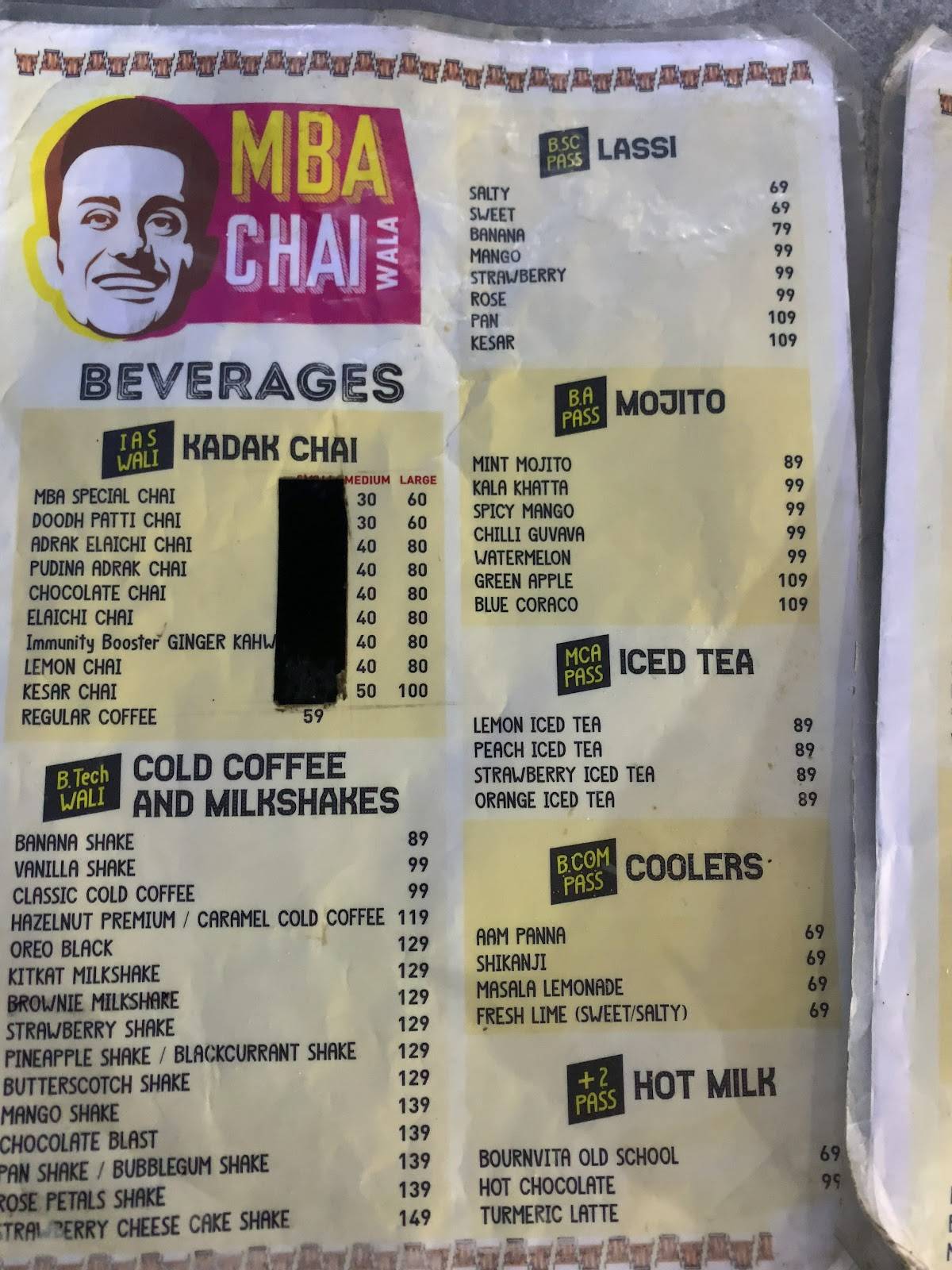 MBA CHAI WALA menu
