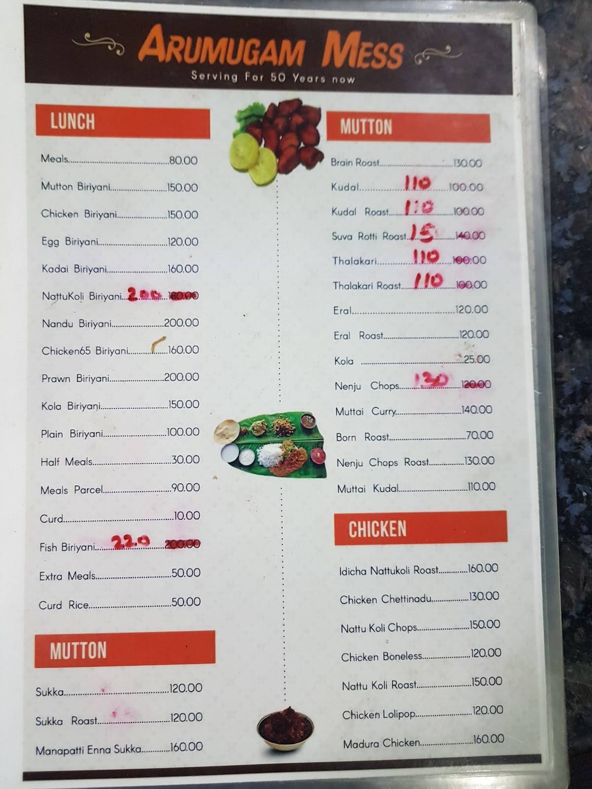 Arumugam Mess menu