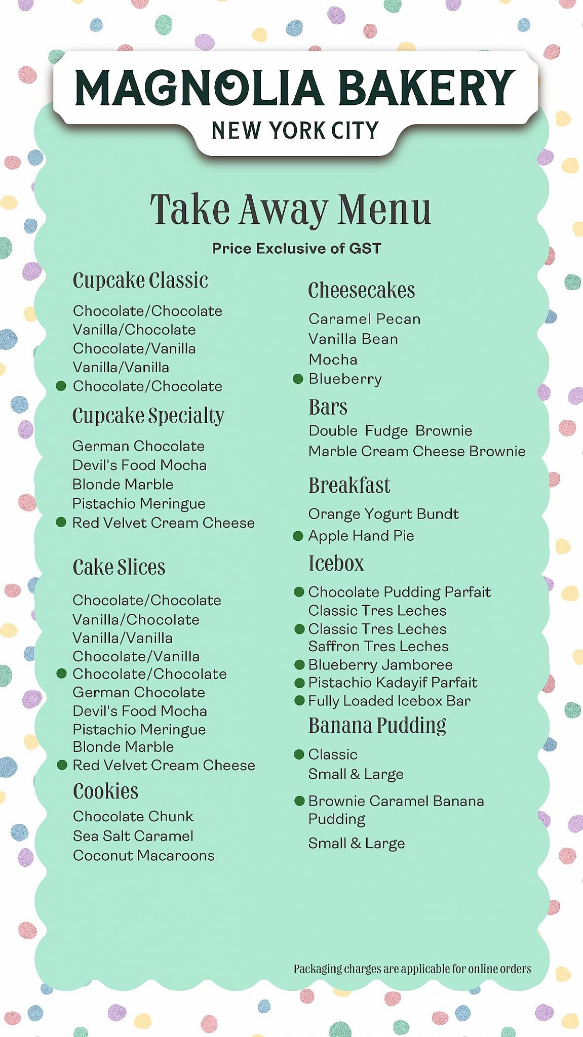 Magnolia Bakery menu
