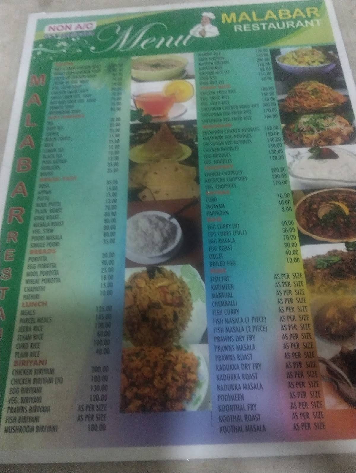 Malabar Restaurant menu