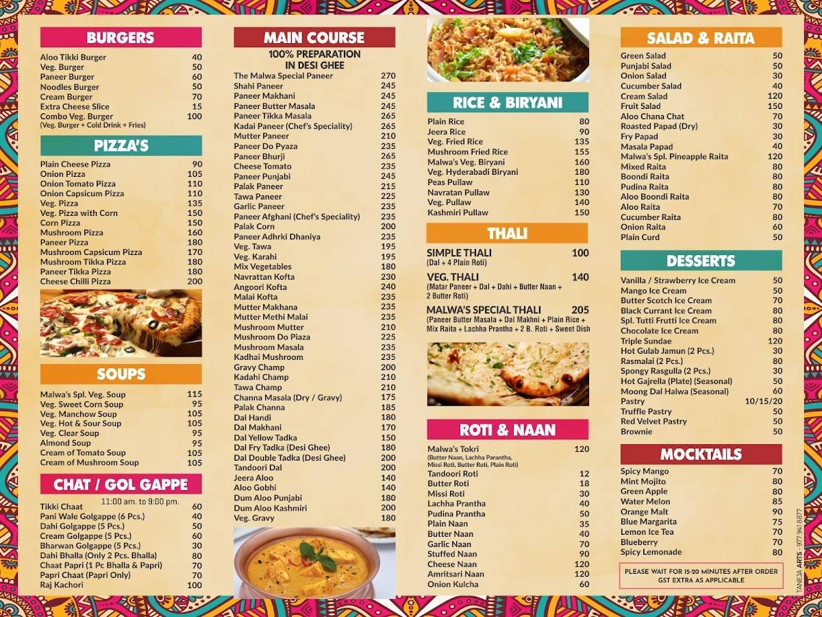 Malwa Sweet & Restaurant menu