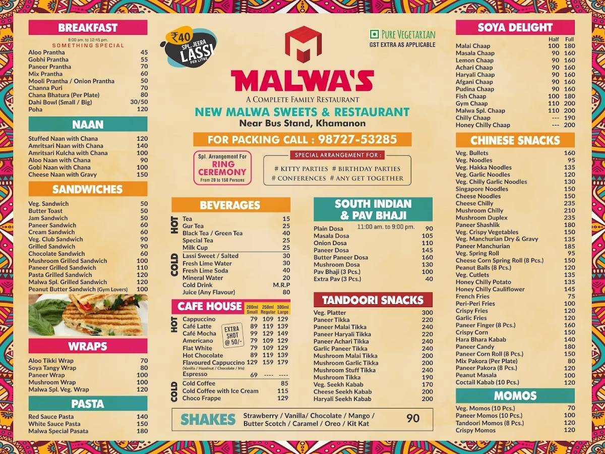 Malwa Sweet & Restaurant menu
