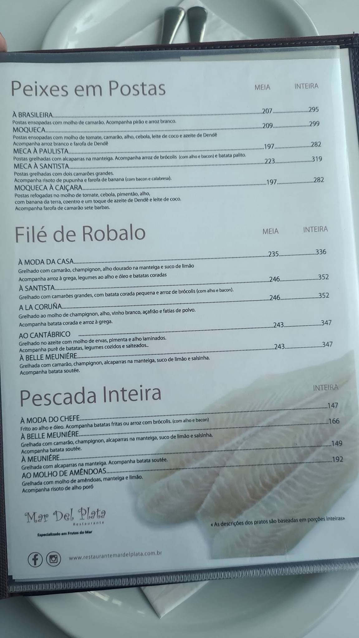 Mar Del Plata cardápio