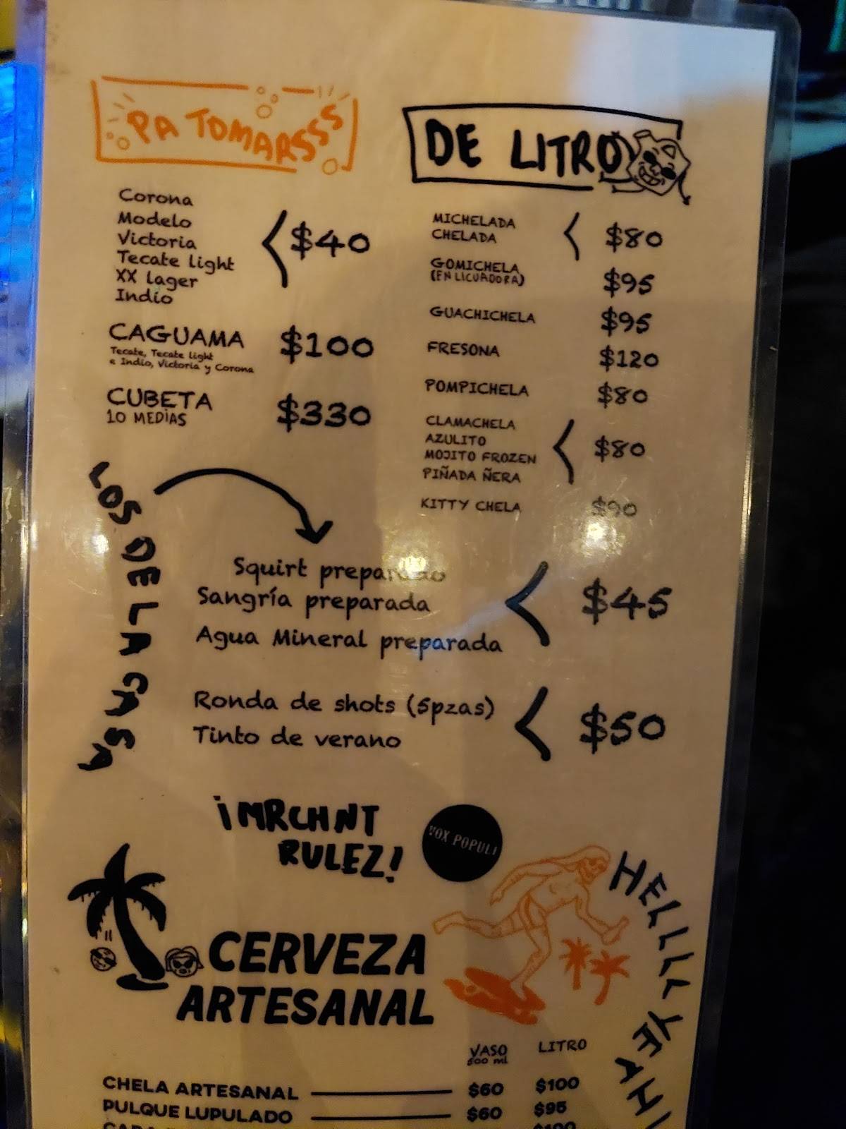 Carta del pub y bar Marchante., Veracruz