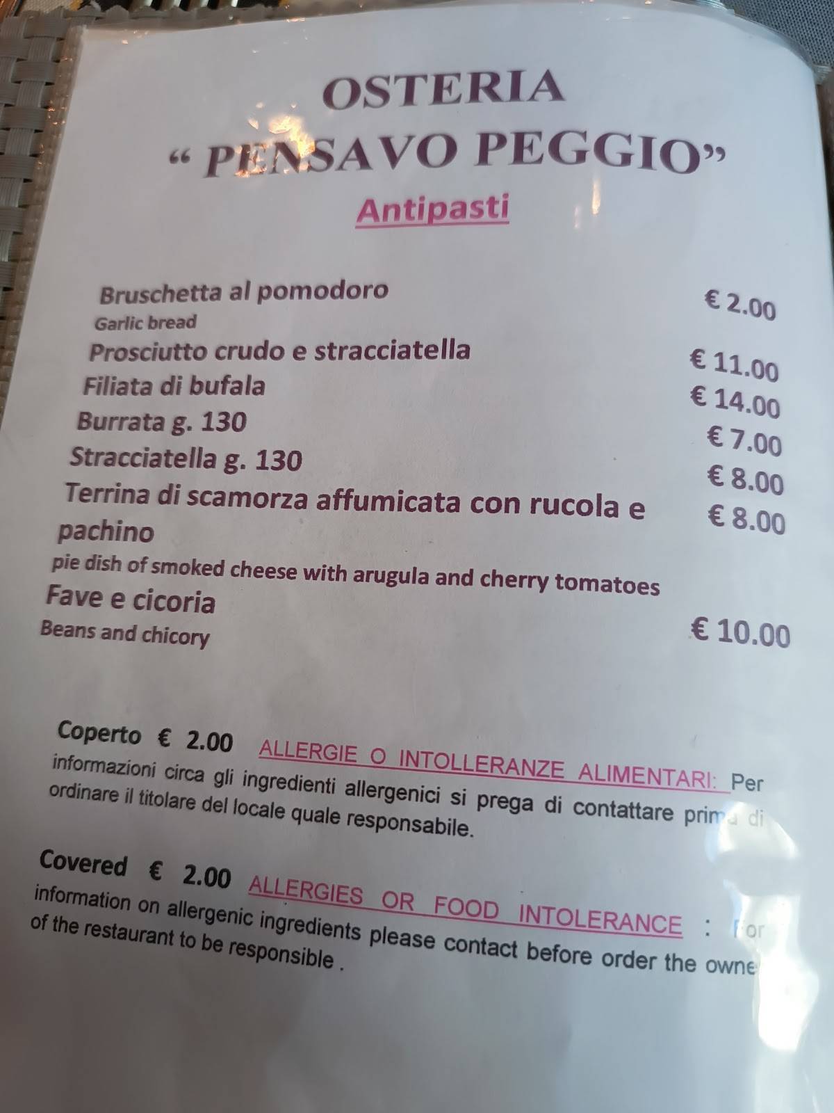 Menu di Osteria "Pensavo Peggio" 