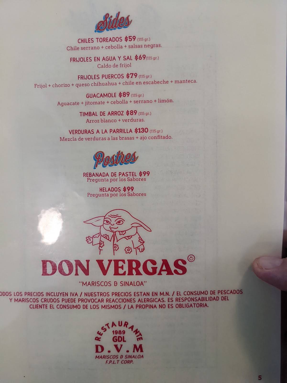 Menu at Mariscos Don Vergas restaurant, Guadalajara