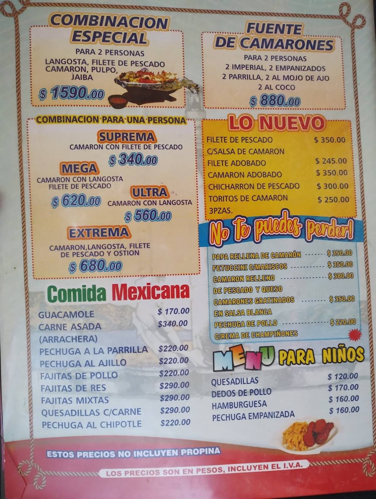 Menu at Mariscos Mazatlán restaurant, Cabo San Lucas