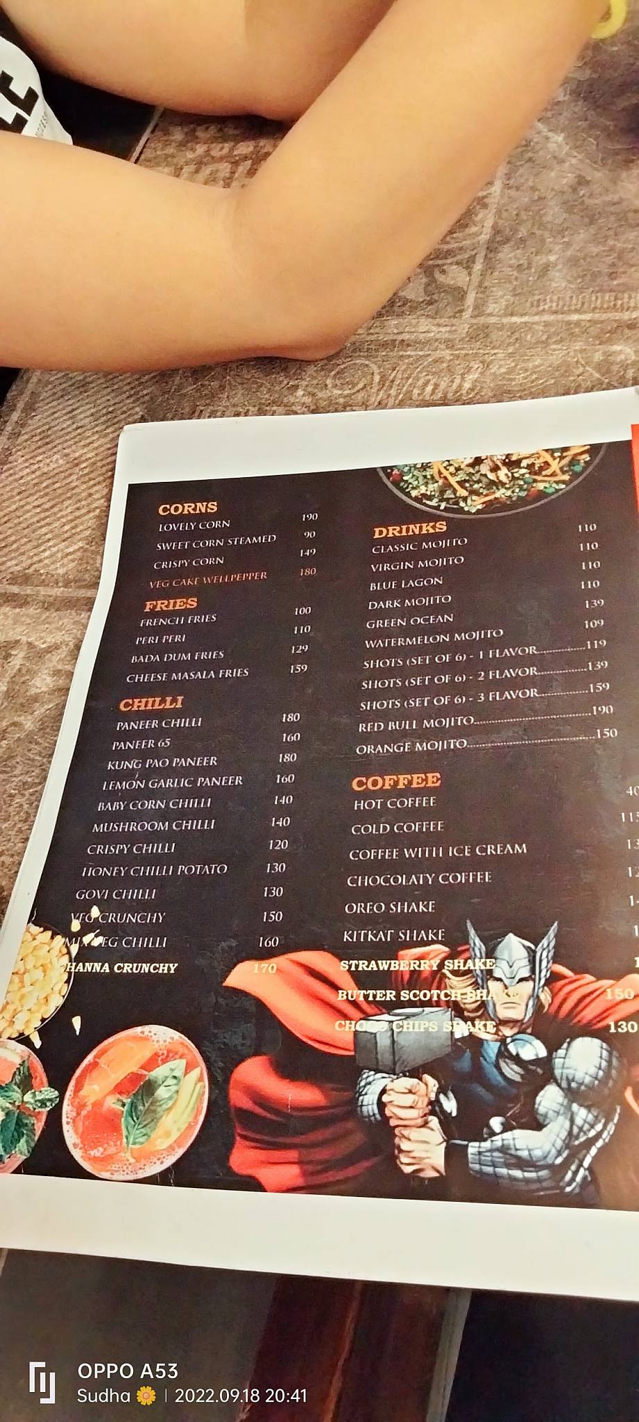 Marvel cafe menu