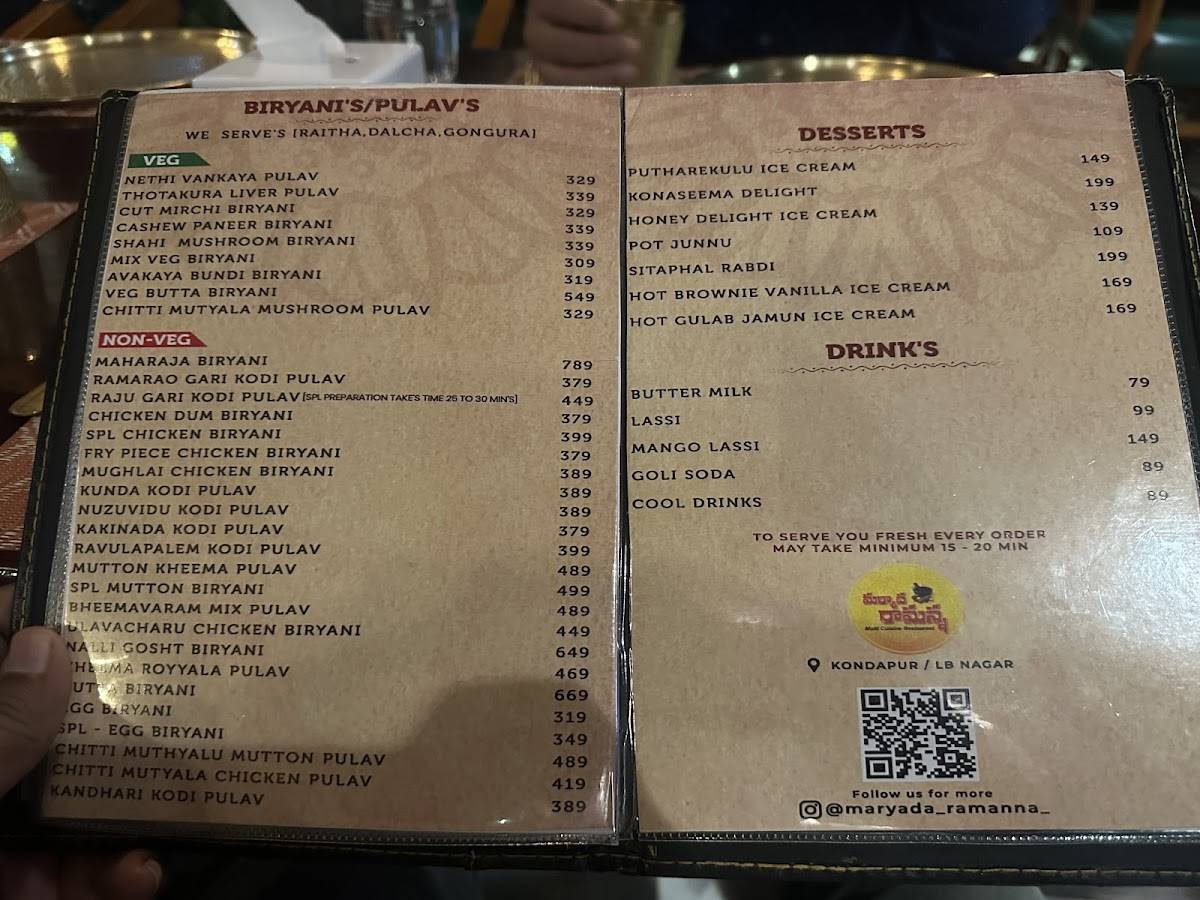 Maryada Ramanna Multi Cusine Restaurant menu