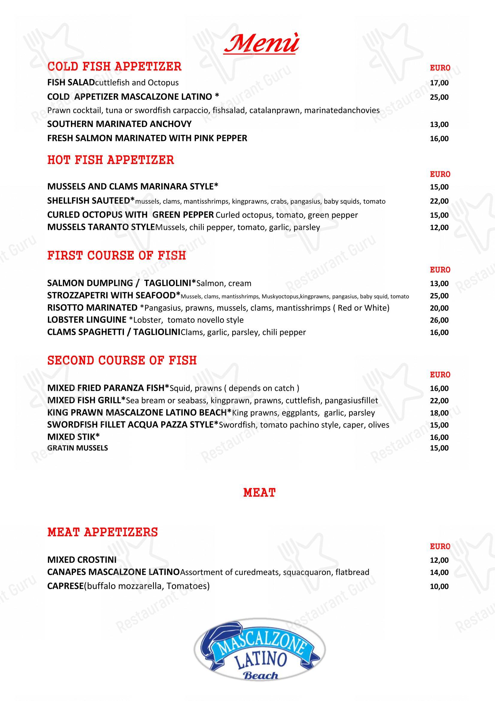 Menu bar per Ristorante Mascalzone Latino Beach Milano Marittima in Milano Marittima