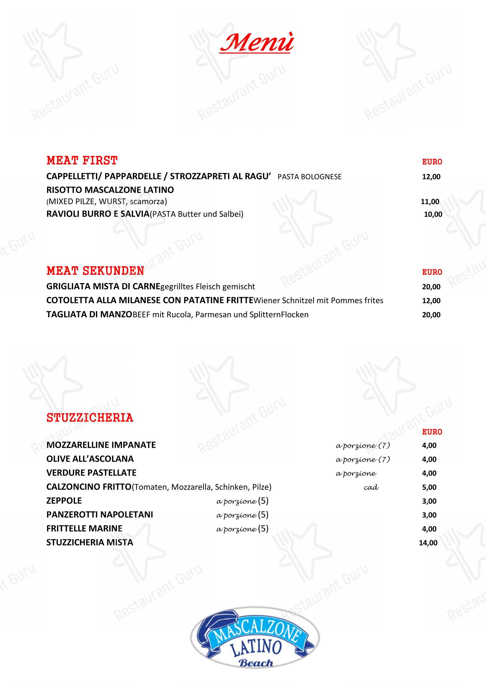 Menu di Ristorante Mascalzone Latino Beach Milano Marittima - 菜单