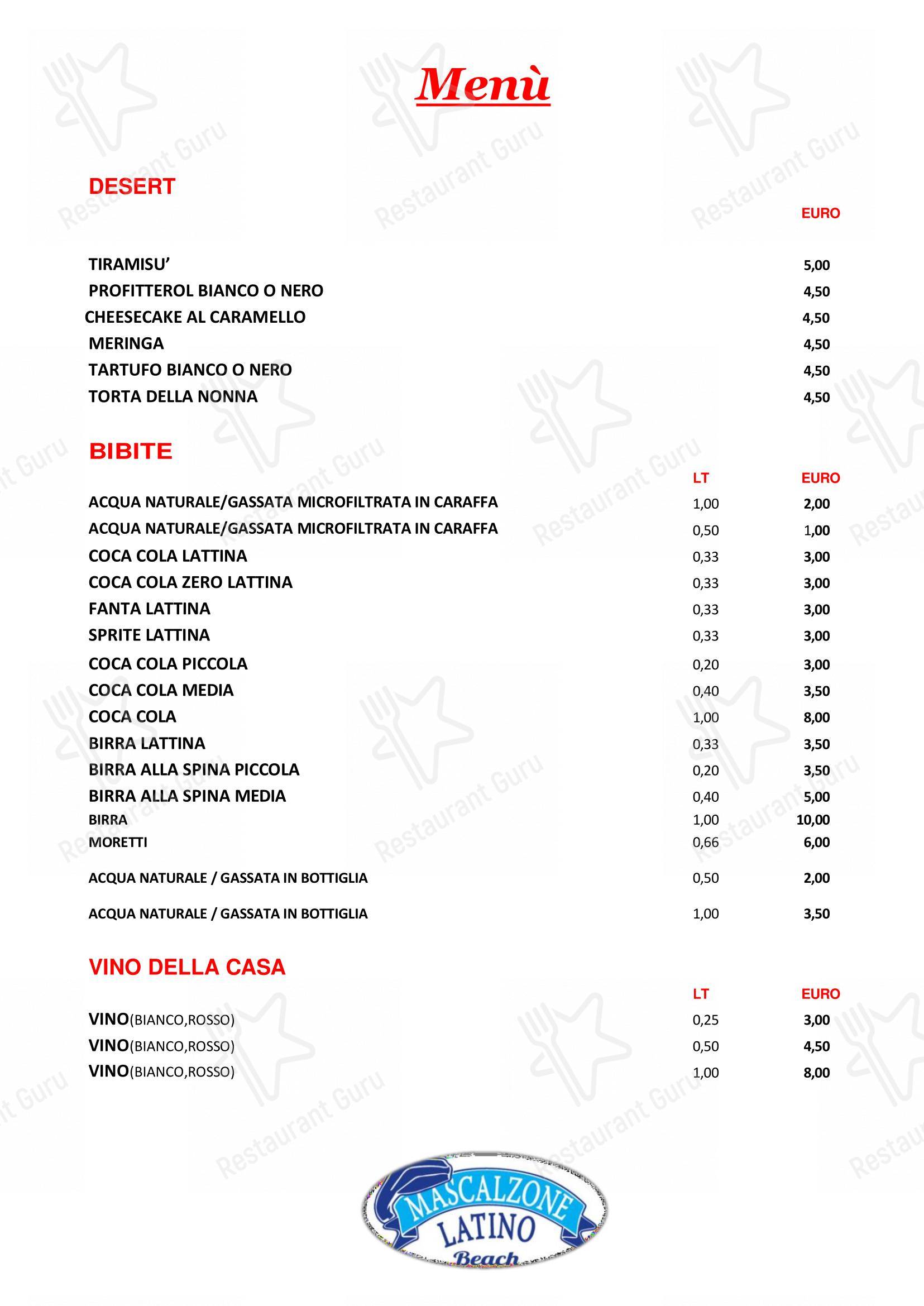 Menu per Ristorante Mascalzone Latino Beach Milano Marittima in Milano Marittima