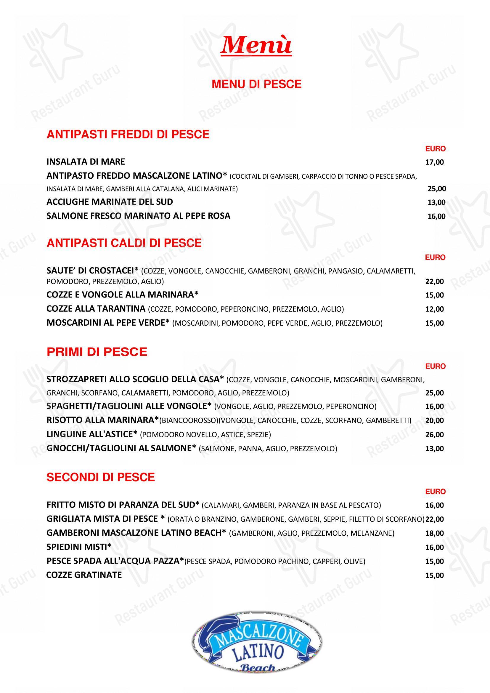 Menu per Ristorante Mascalzone Latino Beach Milano Marittima in Milano Marittima