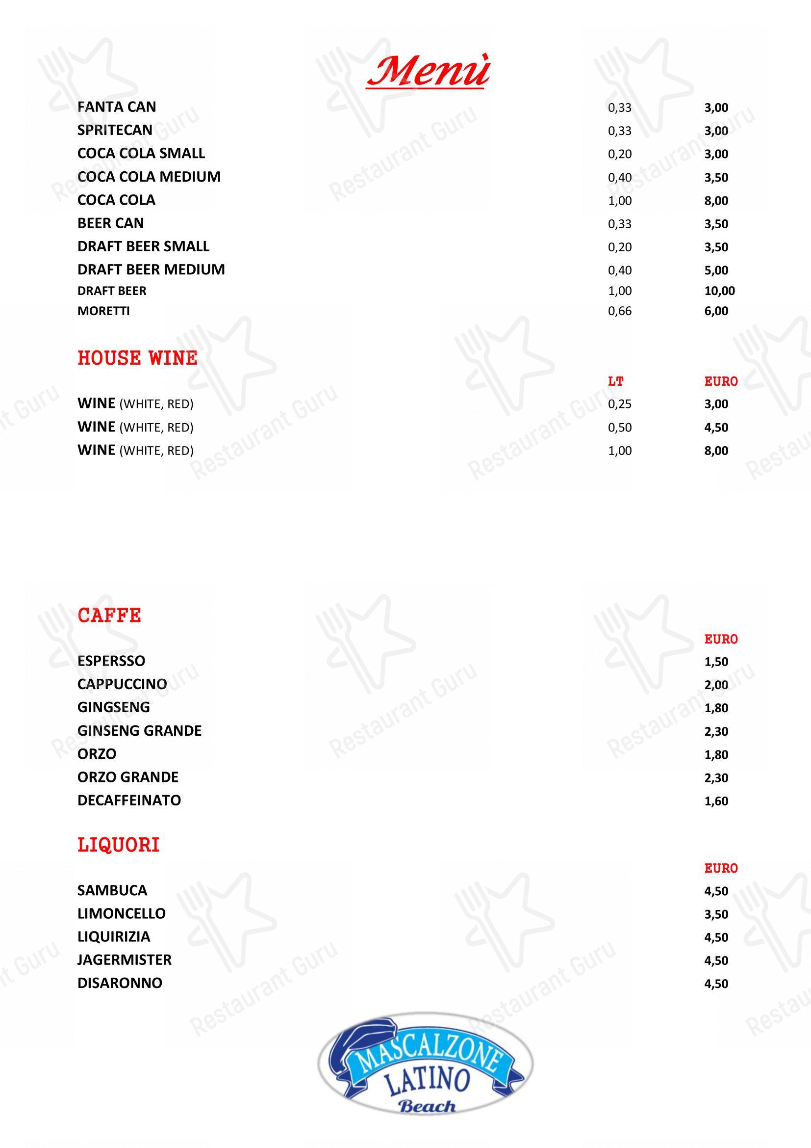 Menu bar per Ristorante Mascalzone Latino Beach Milano Marittima in Milano Marittima