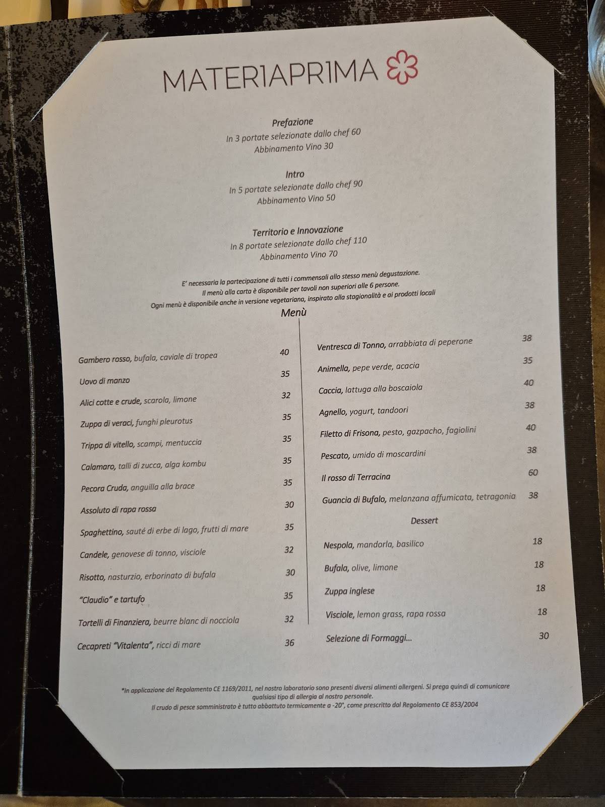 Menu di Materiaprima Osteria Contemporanea 